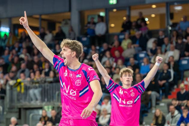 Florian Boehnert (TSV Bayer Dormagen, 09) feiert ein Tor HSG Krefeld Niederrhein vs. TSV Bayer Dormagen, Handball, 2.HBL, 25.Spieltag, Saison 2025 26, 28.03.2026, HSG Krefeld Niederrhein vs. TSV Bayer Dormagen, Handball, 2.HBL, 25.Spieltag, Saison 2025 26, 28.03.2026 Krefeld Copyright: xEibner-Pressefoto LukasxBaldygax EP_LBA
