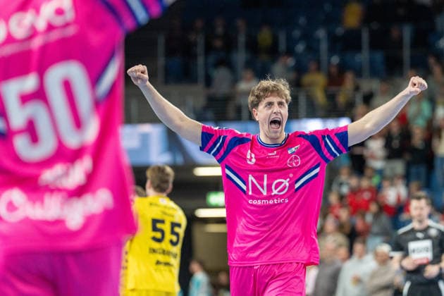 Florian Boehnert (TSV Bayer Dormagen, 09) Freude nach einem Tor HSG Krefeld Niederrhein vs. TSV Bayer Dormagen, Handball, 2.HBL, 25.Spieltag, Saison 2025 26, 28.03.2026, HSG Krefeld Niederrhein vs. TSV Bayer Dormagen, Handball, 2.HBL, 25.Spieltag, Saison 2025 26, 28.03.2026 Krefeld Copyright: xEibner-Pressefoto LukasxBaldygax EP_LBA