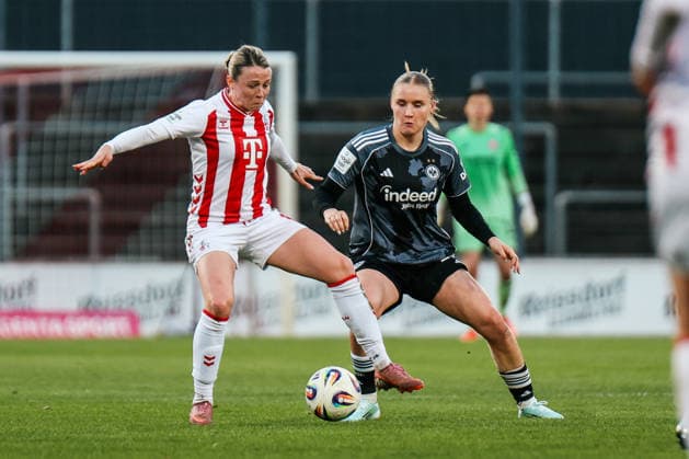 Google Pixel Frauen-Bundesliga: 1.FC Köln- Eintracht Frankfurt; 28.03.2026 Sandra Maria Jessen (1. FC Köln, 6) im Zweikampf mit Jella Veit (Eintracht Frankfurt, 25) Google Pixel Frauen-Bundesliga: 1.FC Köln- Eintracht Frankfurt: Köln, Franz-Kremer-Stadion ;28.03.2025 DFB REGULATIONS PROHIBIT ANY USE OF PHOTOGRAPHS AS IMAGE SEQUENCES AND OR QUASI-VIDEO. Copyright: xBEAUTIFULxSPORTS Freisenx