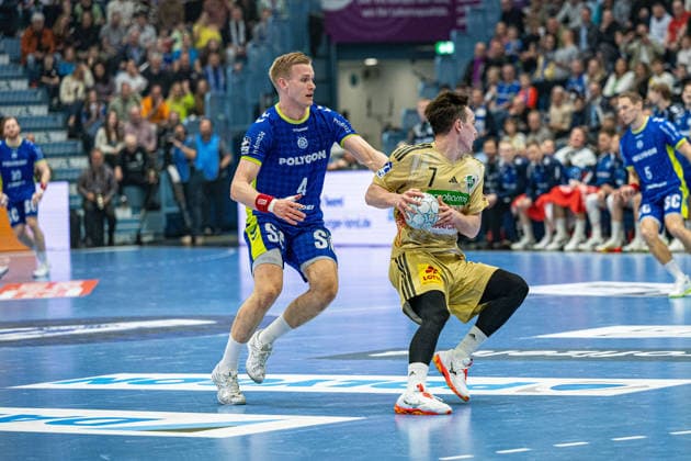 Daikin Handball Bundesliga, VfL Gummersbach - TSV Hannover Burgdorf, 28.03.2026 Ellidi Vidarsson (VfL Gummersbach, 4), Leif Tissier TSV Hannover-Burgdorf 7), ; Daikin Handball Bundesliga, VfL Gummersbach - TSV Hannover Burgdorf, 28.03.2026 Copyright: xBEAUTIFULxSPORTS Erlhofx