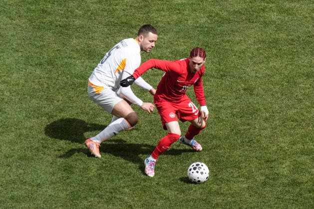 March 28, 2026, Toronto, On, CAN: Canada s Marcelo Flores turns away from Iceland s Sverrir Ingi Ingason during second half International Friendly, Länderspiel, Nationalmannschaft soccer action, in Toronto, on Saturday March 28, 2026. Marcelo Flores; Sverrir Ingi Ingason  - ZUMAc35_ 20260328_zaf_c35_051 Copyright: xChrisxYoungx