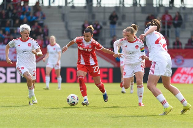 MUNICH, GERMANY - MARCH 28: Arianna Caruso (27 FC Bayern Munich) and Luisa Guttenberger (4 1. FC Nuremberg) during the Google Pixel Frauen-Bundesliga match between FC Bayern Munich and 1. FC Nuremberg at FC Bayern Campus Munich, Germany. Copyright: xSvenxBeyrich SPPx Sportspressphoto_SPR120584
