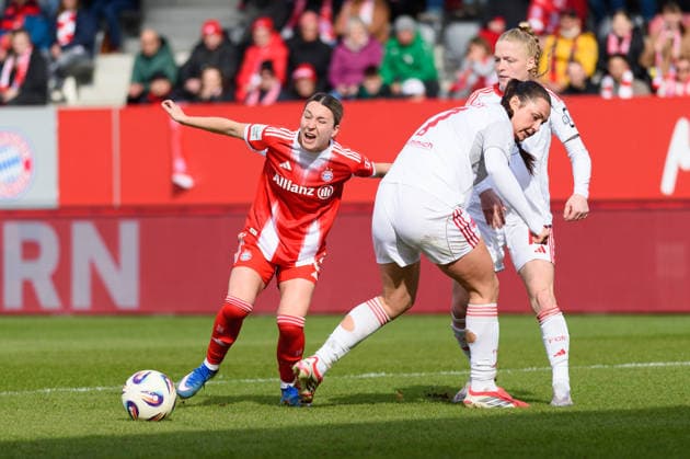 MUNICH, GERMANY - MARCH 28: Babara Dunst (28 FC Bayern Munich) and Leia Varley (7 1. FC Nuremberg) during the Google Pixel Frauen-Bundesliga match between FC Bayern Munich and 1. FC Nuremberg at FC Bayern Campus Munich, Germany. Copyright: xSvenxBeyrich SPPx Sportspressphoto_SPR120611