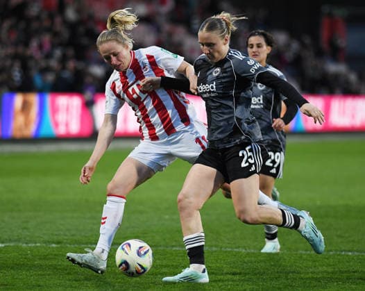 28.03.2026, xophax, Fussball , Frauen Bundesliga Google Pixel Frauen - Bundesliga 25 26. 1.FC Köln gegen Eintracht Frankfurt Jella Veit , rechts ( Frankfurt ) und Pauline Bremer ( 1.FC Köln ) (DFL DFB REGULATIONS PROHIBIT ANY USE OF PHOTOGRAPHS as IMAGE SEQUENCES and or QUASI-VIDEO) Koeln