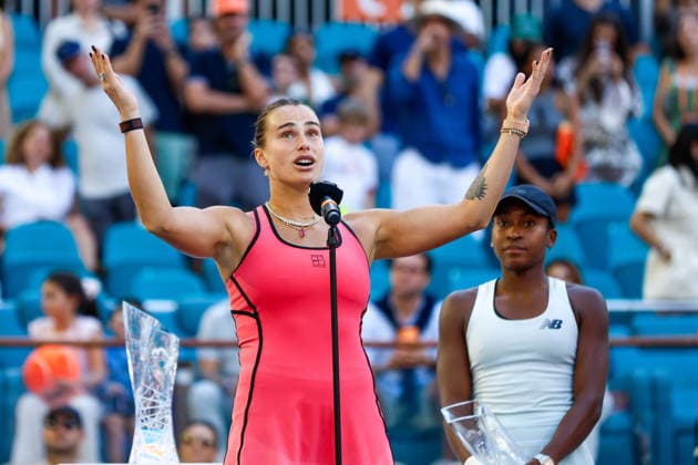MIAMI GARDENS, FL - MARCH 28: Aryna Sabalenka talks to the crowd after the women™s singles final match against Coco Gauff (USA) (not pictured) at the Miami Open on March 28, 2026, at Hard Rock Stadium in Miami Gardens, Florida,(Photo by Chris Arjoon Icon Sportswire) TENNIS: MAR 28 Miami Open EDITORIAL USE ONLY Icon2603280010003