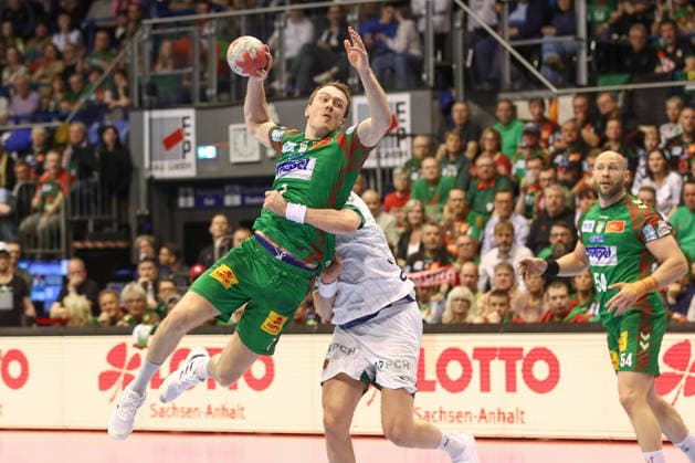 28.03.2026, xtgx, Handball, Daikin HBL, SC Magdeburg - Füchse Berlin v.l. m wirft Tor, Torschuetze, erzielt Tor, Treffer, scores the goal Magdeburg
