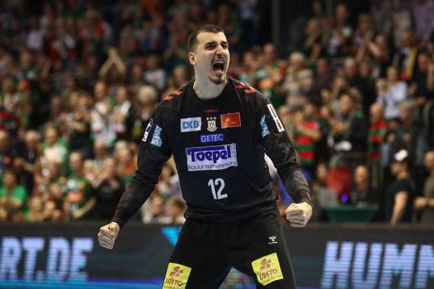 28.03.2026, xtgx, Handball, Daikin HBL, SC Magdeburg - Füchse Berlin v.l. Matej Mandic (Magdeburg, 12) Jubelt ueber gehaltenen Ball, abgewehrt, gehalten, Torhueter Magdeburg