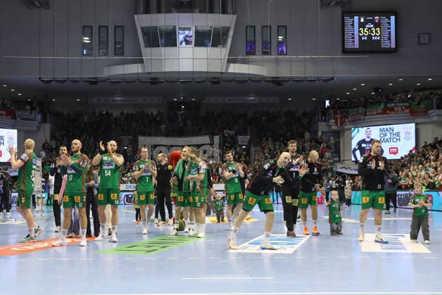 28.03.2026, xtgx, Handball, Daikin HBL, SC Magdeburg - Füchse Berlin v.l. Magdeburg Jubel ueber den Sieg, Jubel nach Spielende Magdeburg