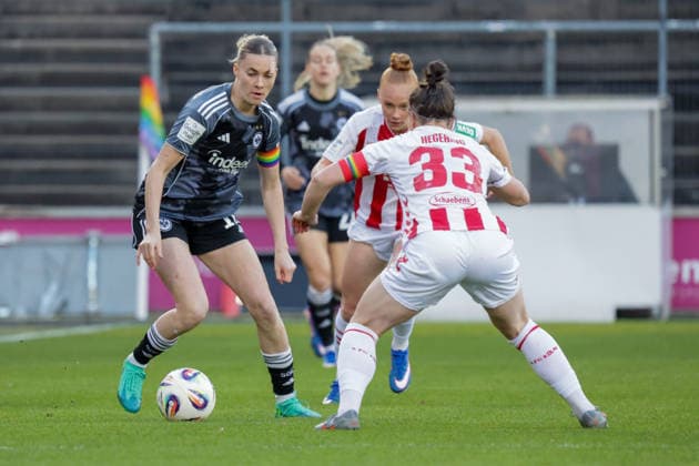 28.03.2026, xgrfx, Fussball Google Pixel Frauen-Bundesliga, 1.FC Köln - Eintracht Frankfurt v.l. Laura Freigang (Eintracht Frankfurt), Marina Hegering (1.FC Köln) (DFL DFB REGULATIONS PROHIBIT ANY USE OF PHOTOGRAPHS as IMAGE SEQUENCES and or QUASI-VIDEO) Köln