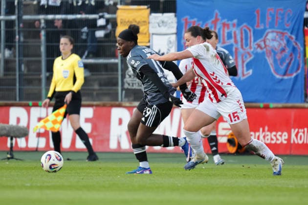 28.03.2026, xgrfx, Fussball Google Pixel Frauen-Bundesliga, 1.FC Köln - Eintracht Frankfurt v.l. Nicole Anyomi (Eintracht Frankfurt), Amelie Bohnen (1.FC Köln) (DFL DFB REGULATIONS PROHIBIT ANY USE OF PHOTOGRAPHS as IMAGE SEQUENCES and or QUASI-VIDEO) Köln