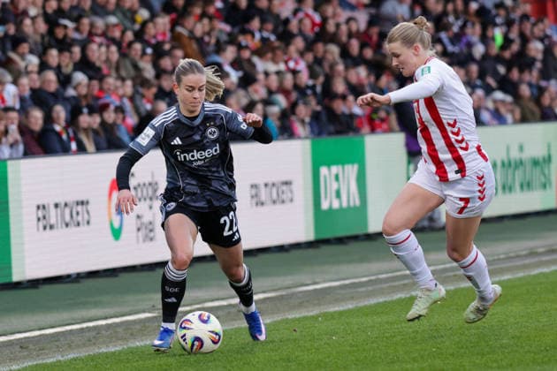28.03.2026, xgrfx, Fussball Google Pixel Frauen-Bundesliga, 1.FC Köln - Eintracht Frankfurt v.l. Nadine Riesen (Eintracht Frankfurt), Anna-Lena Stolze (1.FC Köln) (DFL DFB REGULATIONS PROHIBIT ANY USE OF PHOTOGRAPHS as IMAGE SEQUENCES and or QUASI-VIDEO) Köln