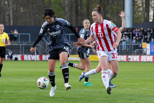 28.03.2026, xgrfx, Fussball Google Pixel Frauen-Bundesliga, 1.FC Köln - Eintracht Frankfurt v.l. Remina Chiba (Eintracht Frankfurt), Marina Hegering (1.FC Köln) (DFL DFB REGULATIONS PROHIBIT ANY USE OF PHOTOGRAPHS as IMAGE SEQUENCES and or QUASI-VIDEO) Köln