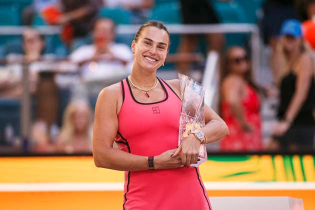 Miami Open Presented by Itau 2026 - March 27 Miami, Florida - March 27: Aryna Sabalenka celebrates with trophy after winning the Women™s Singles Final during the Women™s Singles Final match between Aryna Sabalenka and Coco Gauff of USA on day 12 of the Miami Open at Hard Rock Stadium on March 27, 2026 in Miami, Florida, United States. Copyright: xLatinxSportxImagesx