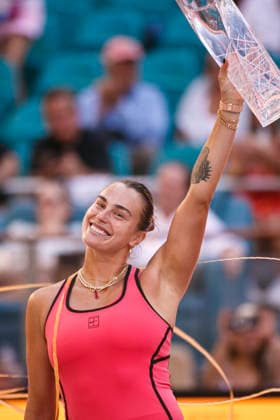 Miami Open Presented by Itau 2026 - March 27 Miami, Florida - March 27: Aryna Sabalenka celebrates with trophy after winning the Women™s Singles Final during the Women™s Singles Final match between Aryna Sabalenka and Coco Gauff of USA on day 12 of the Miami Open at Hard Rock Stadium on March 27, 2026 in Miami, Florida, United States. Copyright: xLatinxSportxImagesx