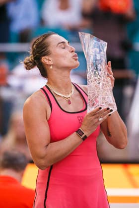 Miami Open Presented by Itau 2026 - March 27 Miami, Florida - March 27: Aryna Sabalenka celebrates with trophy after winning the Women™s Singles Final during the Women™s Singles Final match between Aryna Sabalenka and Coco Gauff of USA on day 12 of the Miami Open at Hard Rock Stadium on March 27, 2026 in Miami, Florida, United States. Copyright: xLatinxSportxImagesx