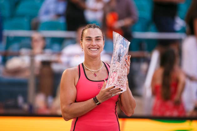 Miami Open Presented by Itau 2026 - March 27 Miami, Florida - March 27: Aryna Sabalenka celebrates with trophy after winning the Women™s Singles Final during the Women™s Singles Final match between Aryna Sabalenka and Coco Gauff of USA on day 12 of the Miami Open at Hard Rock Stadium on March 27, 2026 in Miami, Florida, United States. Copyright: xLatinxSportxImagesx