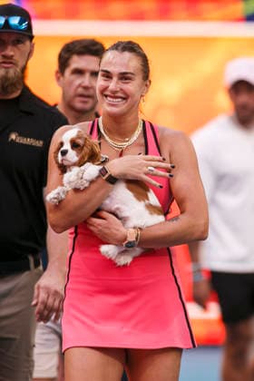 Miami Open Presented by Itau 2026 - March 27 Miami, Florida - March 27: Aryna Sabalenka celebrates with trophy after winning the Women™s Singles Final during the Women™s Singles Final match between Aryna Sabalenka and Coco Gauff of USA on day 12 of the Miami Open at Hard Rock Stadium on March 27, 2026 in Miami, Florida, United States. Copyright: xLatinxSportxImagesx