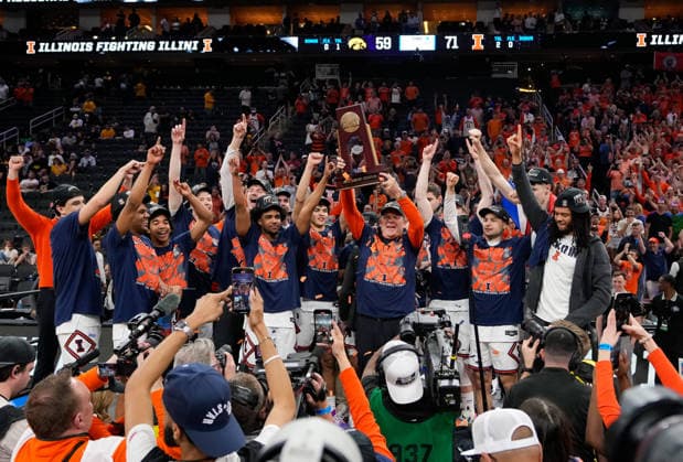 March 28, 2026, Houston, Texas, USA: Illinois celebrates after winning the NCAA, College League, USA MenÃ¢â‚¬â ¢s Basketball Tournament Elite Eight game between the Illinois Fighting Illini and the Iowa Hawkeyes on March 28, 2026 in Houston, Texas. Illinois won, 71-59. Houston USA - ZUMAc201 20260328_zap_c201_017 Copyright: xScottxColemanx