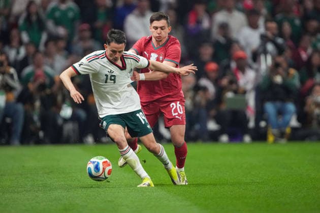 MEXICO VS PORTUGAL - FRIENDLY MATCHL - 28 MARCH 2026 MEXICO CITY, MEXICO. March 28th: Alvaro Fidalgo 19 of Mexico competes for the ball with Francisco Fernandes Da Conceicao 26 of Portugal during the preparation friendly match between Mexico and Portugal prior to the FIFA World Cup, WM, Weltmeisterschaft, Fussball 2026, held at Banorte Stadium in Mexico City, Mexico. (PHOTO BY LUIS LICONA IMAGO IMAGES STRAFFON IMAGES MANDATORY CREDIT EDITORIAL USE Copyright: xLUISxLICONAx