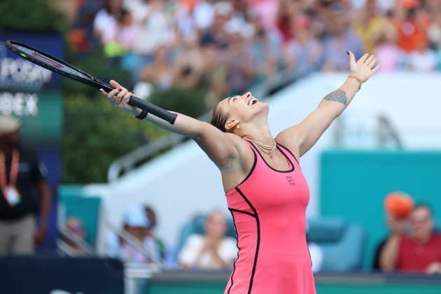 March 28, 2026, Miami Gardens, Florida, USA: ARYNA SABALENKA reacts during her women s singles finals match against Coco Gauff (USA), at the Miami Open at Hard Rock Stadium in Miami Gardens, Florida. Sabalenka won the women s singles title after defeating Gauff (USA) 6:2, 4:6, 6:3. Tennis 2026: WTA, Tennis Damen Miami Open: Singles Finals: SABLENKA 6:2, 4:6, 6:3 GAUFF  - ZUMAv151 20260328_zsp_v151_036 Copyright: xLorenzoxVasquezx