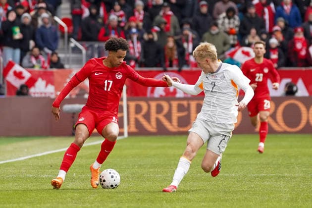 Canada v Iceland - International Friendly, Länderspiel, Nationalmannschaft Match Tajon Buchanan 17 of Canada and Hakon Arnar Haraldsson 7 of Iceland battle for the ball during the International Friendly match between Canada and Iceland at BMO Filed. on March 28, 2026 in Toronto, Ontario. (Photo by Leonardo Ramirez Eyepix Group) Copyright: xLeonardoxRamirezx xEyepixxGroupx LR28032025-00320