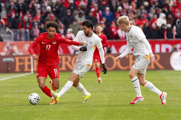 March 28, 2026, Toronto, Ontario, Canada: Tajon Buchanan 17 of Canada and Michael Egiil Ellertsson 19 of Iceland battle for the ball during the International Friendly, Länderspiel, Nationalmannschaft match between Canada and Iceland at BMO Filed. on March 28, 2026 in Toronto, Ontario. Canada V Iceland - International Friendly Match  - ZUMAe321 20260328_zsa_e321_019 Copyright: xLeonardoxRamirezx