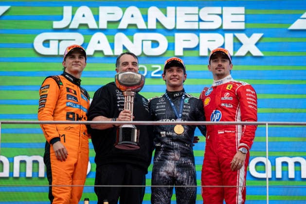 29th March 2026; Suzuka Circuit, Suzuka, Japan; 2026 FIA Formula 1 Japanese Grand Prix Race Day; Kimi Antonelli, Oscar Piastri, and Charles Leclerc posing for a group photo KeiichixMiyashita Content restricted for UK based newspaper