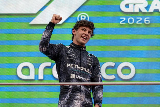 29th March 2026; Suzuka Circuit, Suzuka, Japan; 2026 FIA Formula 1 Japanese Grand Prix Race Day; Kimi Antonelli (12) of Italy and Mercedes-AMG PETRONAS Formula One Team standing on the podium after winning the Japanese Grand Prix 2026 KeiichixMiyashita Content restricted for UK based newspaper