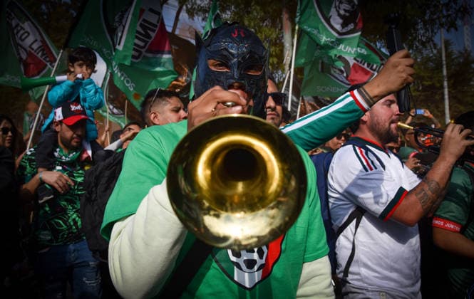Fans Gather Ahead Of Mexico Vs Portugal At The Reopening Of Estadio Banorte A Mexico national team, Nationalteam supporter plays a brass instrument during a gathering of supporters outside Estadio Banorte in Mexico City, Mexico, on March 28, 2026, ahead of the International Friendly, Länderspiel, Nationalmannschaft match between Mexico and Portugal. Mexico City Mexico  Copyright: xRafaelxRodriguezx originalFilename:rodriguez-notitle260328_npbi2.jpg