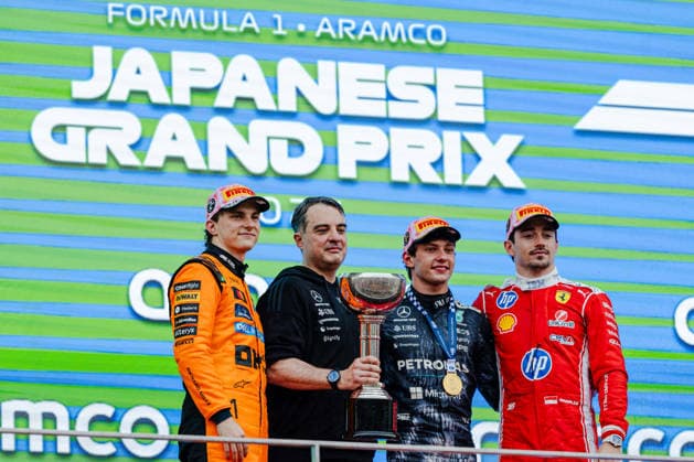F1 Japanese GP - Podium ANDREA KIMI ANTONELLI (ITA) of Mercedes-AMG PETRONAS Formula One Team CHARLES LECLERC (MON) of Scuderia Ferrari HP 16 OSCAR PIASTRI (AUS) of McLaren Mastercard Formula 1 Team 81 PODIUM on Sunday during the 2026 Formula 1 ARAMCO Japanese Grand Prix at the Suzuka International Circuit on March 29, 2026. Photo by Tan Jun Da ABACAPRESS.COM Suzuka Japan  Copyright: xJunxDaxTan ABACAx