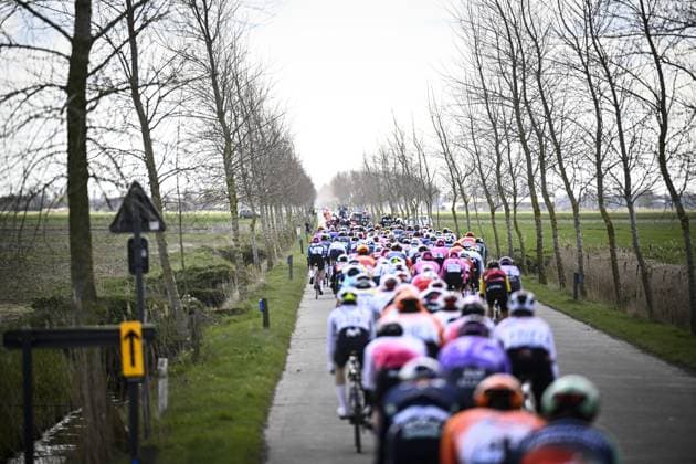 The pack of riders pictured in action at the Moeren during the men elite Middelkerke-Wevelgem - In Flanders Fields one day cycling race, 240.8 km from Middelkerke to Wevelgem, on Sunday 29 March 2026. JASPERxJACOBS  x169240875x