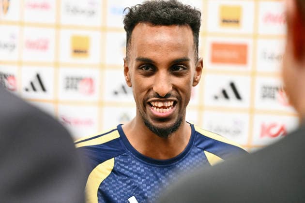 STOCKHOLM 20260329 Taha Ali at a press conference, PK, Pressekonferenz after Sunday s training with the national football team at Strawberry Arena ahead of the playoff final against Poland. STOCKHOLM SWEDEN x10090x