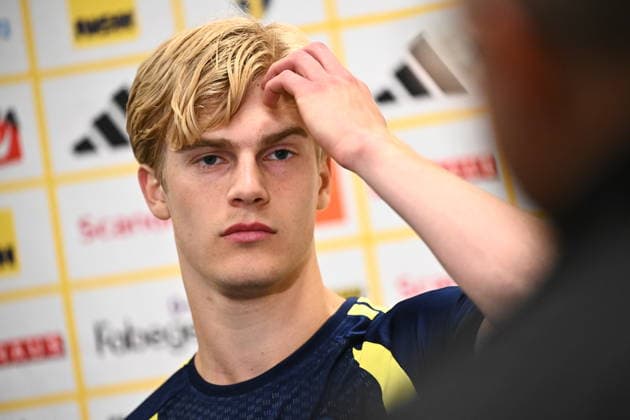STOCKHOLM 20260329 Lucas Bergvall pa en pressträff efter söndagens träning med fotbollslandslaget pa Strawberry Arena inför playoff-finalen mot Polen. STOCKHOLM SVERIGE x10090x