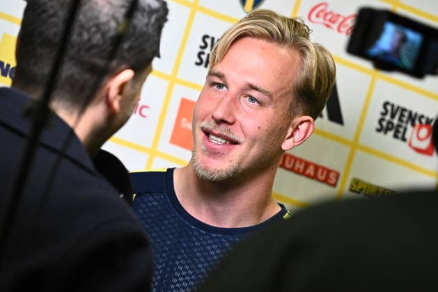 STOCKHOLM, SWEDEN 20260329 Herman Johansson at a press conference, PK, Pressekonferenz after Sunday s training with the national football team at Strawberry Arena ahead of the playoff final against Poland. STOCKHOLM SWEDEN x10090x