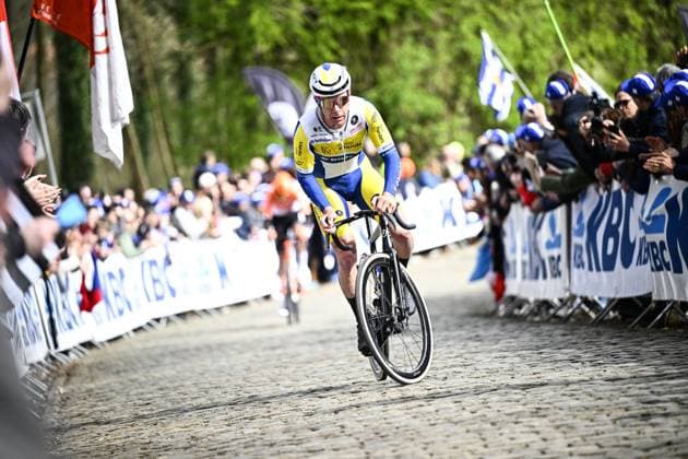 Belgian Jules Hesters of Team Flanders-Baloise pictured in action on Kemmelberg during the men elite Middelkerke-Wevelgem - In Flanders Fields one day cycling race, 240.8 km from Middelkerke to Wevelgem, on Sunday 29 March 2026. JASPERxJACOBS  x169247189x