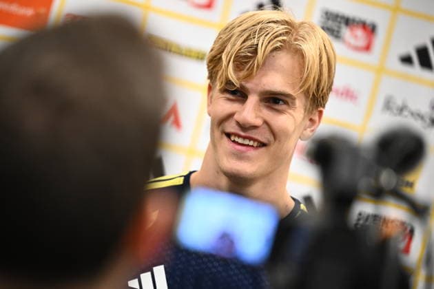 STOCKHOLM 20260329 Lucas Bergvall at a press conference, PK, Pressekonferenz after Sunday s training with the national football team at Strawberry Arena ahead of the playoff final against Poland. STOCKHOLM SWEDEN x10090x