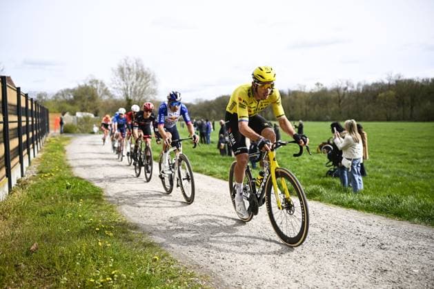 French Christophe Laporte of Team Visma-Lease a Bike pictured in action on Plugstreets during the men elite Middelkerke-Wevelgem - In Flanders Fields one day cycling race, 240.8 km from Middelkerke to Wevelgem, on Sunday 29 March 2026. JASPERxJACOBS  x169247667x