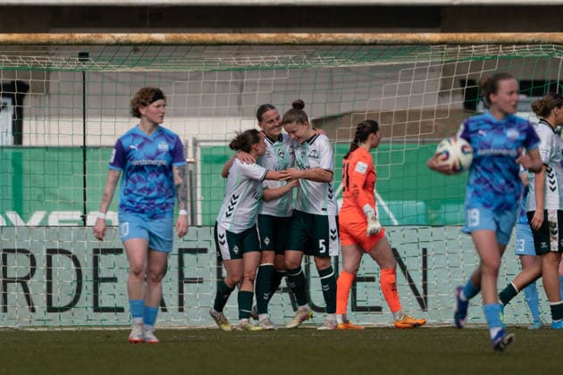 BREMEN, GERMANY - MARCH 29: Player of SV Werder Bremen celebrate the goal during the Google Pixel Frauen-Bundesliga between SV Werder Bremen and SGS Essen at Weserstadion Platz 11 on March 29, 2026 in Bremen, Germany. (Photo by Qianru Zhang Press Photo) Copyright: xQianruxZhang SPPx Sportspressphoto_SPR120925