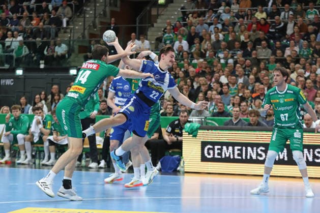 Handball DAIKIN HBL, SC DHfK Leipzig - ThSV Eisenach; 29.03.2026 Felix Aellen (22, ThSV Eisenach). Handball, DAIKIN HBL, 1. Bundesliga, Saison 2025 2026, 26. Spieltag: SC DHfK Leipzig vs. ThSV Eisenach am 29.03.2026 in der Quarterback Immobilien Arena Leipzig. Copyright: xBEAUTIFULxSPORTS JanxKaeferx