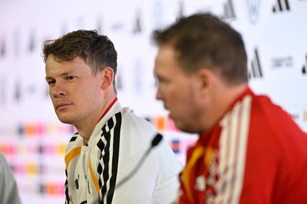 Torwart Alexander Nuebel GER (12) Portrait neben Bundestrainer Trainer Coach Julian Nagelsmann GER Pressekonferenz iam 29.03.2026 m Vorfeld des DFB Laenderspiel Deutschland GER vs Ghana GHA Freundschatsspiel Testspiel am 30.03.2026 DFL REGULATIONS PROHIBIT ANY USE OF PHOTOGRAPHS AS IMAGE SEQUENCES AND OR QUASI-VIDEO DFB Laenderspiel Deutschland GER vs Ghana GHA