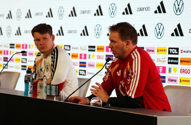 29.03.26 DFB Pressekonferenz Deutschland, Stuttgart, 29.03.2026, Fussball, Nationalmannschaft; 2026, DFB Deutschland, PK Pressekonferenz: v.l. Alexander Nübel, Julian Nagelsmann (Trainer).