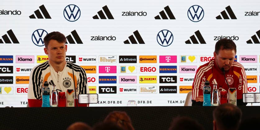 29.03.26 DFB Pressekonferenz Deutschland, Stuttgart, 29.03.2026, Fussball, Nationalmannschaft; 2026, DFB Deutschland, PK Pressekonferenz: v.l. Alexander Nübel, Julian Nagelsmann (Trainer).