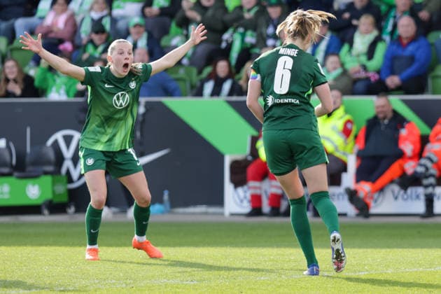 29.03.2026, xgrfx, Fussball Google Pixel Frauen-Bundesliga, VfL Wolfsburg - 1.FC Union Berlin v.l. Tor, Janina Minge zum 1:1 (VfL Wolfsburg) (DFL DFB REGULATIONS PROHIBIT ANY USE OF PHOTOGRAPHS as IMAGE SEQUENCES and or QUASI-VIDEO) Wolfsburg