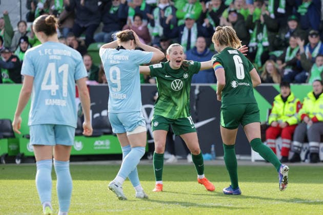 29.03.2026, xgrfx, Fussball Google Pixel Frauen-Bundesliga, VfL Wolfsburg - 1.FC Union Berlin v.l. Tor, Janina Minge zum 1:1 (VfL Wolfsburg) (DFL DFB REGULATIONS PROHIBIT ANY USE OF PHOTOGRAPHS as IMAGE SEQUENCES and or QUASI-VIDEO) Wolfsburg