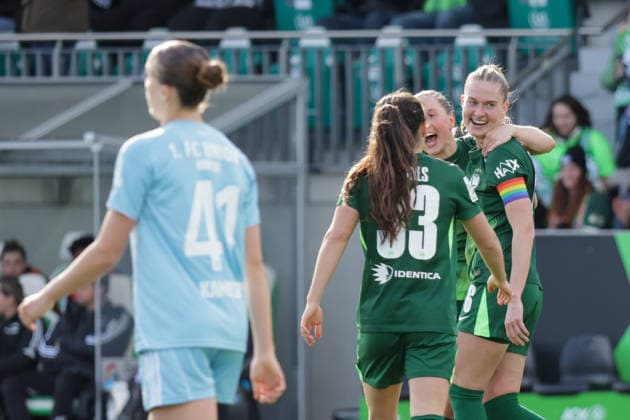 29.03.2026, xgrfx, Fussball Google Pixel Frauen-Bundesliga, VfL Wolfsburg - 1.FC Union Berlin v.l. Tor, Janina Minge zum 1:1 (VfL Wolfsburg) (DFL DFB REGULATIONS PROHIBIT ANY USE OF PHOTOGRAPHS as IMAGE SEQUENCES and or QUASI-VIDEO) Wolfsburg