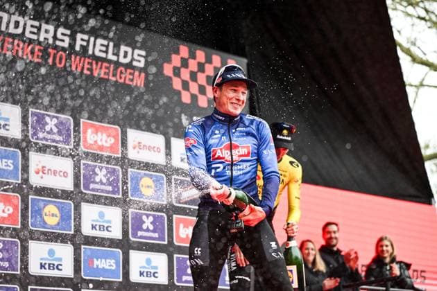 Belgian Jasper Philipsen of Alpecin-Premier Tech celebrates on the podium after winning the men elite Middelkerke-Wevelgem - In Flanders Fields one day cycling race, 240.8 km from Middelkerke to Wevelgem, on Sunday 29 March 2026. ELIASxROM  x169254762x