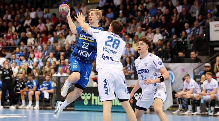 29.03.2026, Deutschland, Stuttgart, Handball Bundesliga, TVB Stuttgart vs. Lemgo Lippe, v.l. Torben Matzken (TVB), Hendrik Wagner (Lemgo)