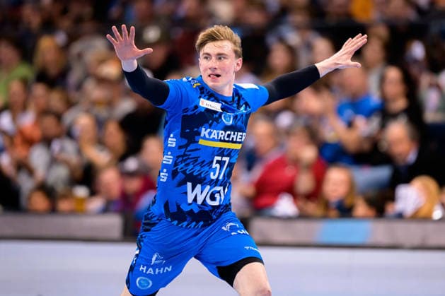 Stuttgart: HBL- 25 26 - TVB Stuttgart - TBV Lemgo Jakob Nigg (Stuttgart) Jubel Freude Emotion Torjubel Torschuetze Torschütze Stuttgart Porsche Arena Baden-Württemberg Deutschland
