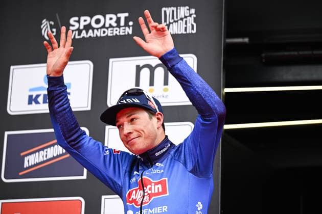 Belgian Jasper Philipsen of Alpecin-Premier Tech celebrates on the podium after winning the men elite Middelkerke-Wevelgem - In Flanders Fields one day cycling race, 240.8 km from Middelkerke to Wevelgem, on Sunday 29 March 2026. JASPERxJACOBS  x169255226x