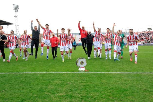 L.R. Vicenza s players celebrate their victory at the end of the match during the match of 34th day of the Serie B Championship between L.R. Vicenza vs Union Brescia at the Romeo Menti Stadium on 29 March 2026 in Vicenza, VI.  Copyright: xEmanuelexPennacchio IPAxSportx xipa-agency.netx xx IPA_73606551 IPA_Agency_IPA73606551